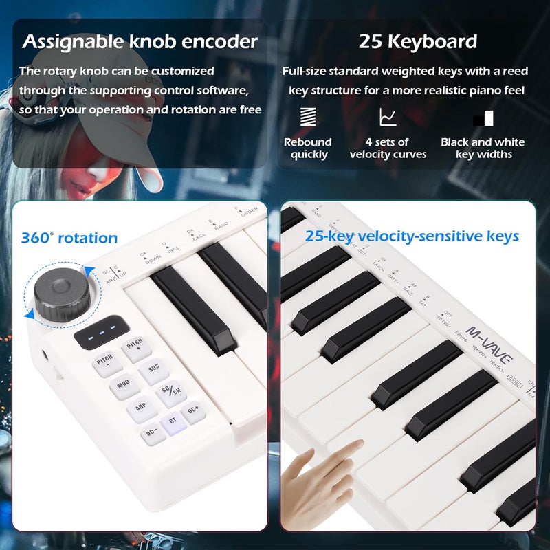 M-VAVE 25 Keys Mini Keyboard – Professional Beat Maker and Keytar for Keyboard Music Production Builtin Battery Wireless Connect White - Image 5